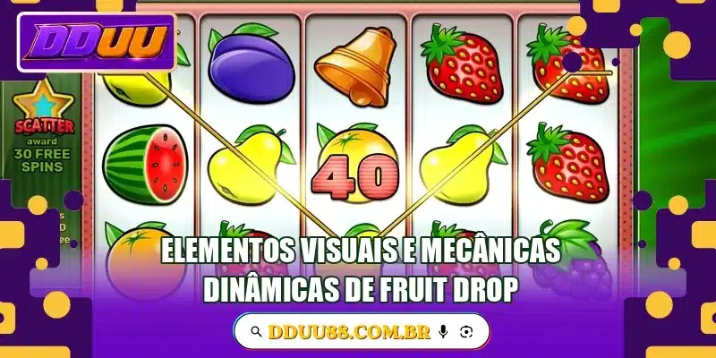 Elementos visuais e mecânicas dinâmicas de Fruit Drop